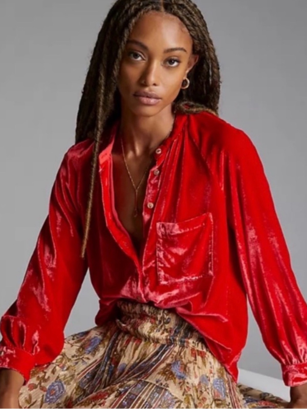 Pilcro Anthropologie Vibrant Red Velvet Button-Front Blouse Elegant Size L